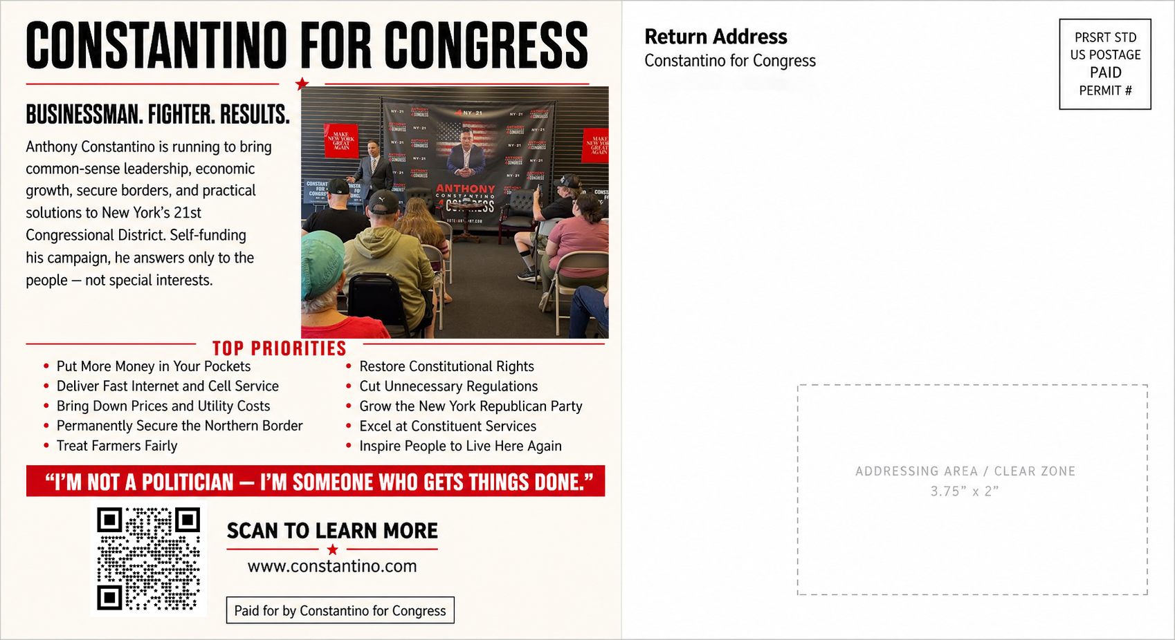 Anthony Constantino for Congress 6x11 mailer back
